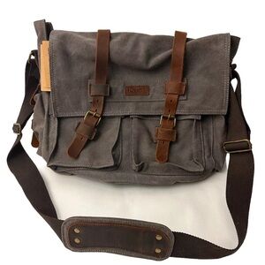 Kattee Brown Leather Messenger Shoulder Bag Green Canvas with Leather Strap